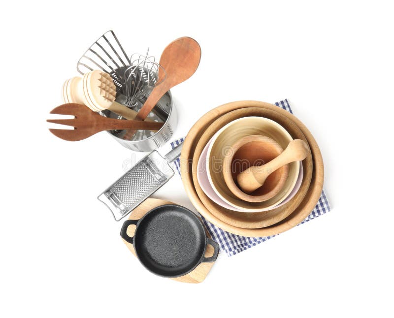 Set of Different Cooking Utensils and Dishes on Background, Top View