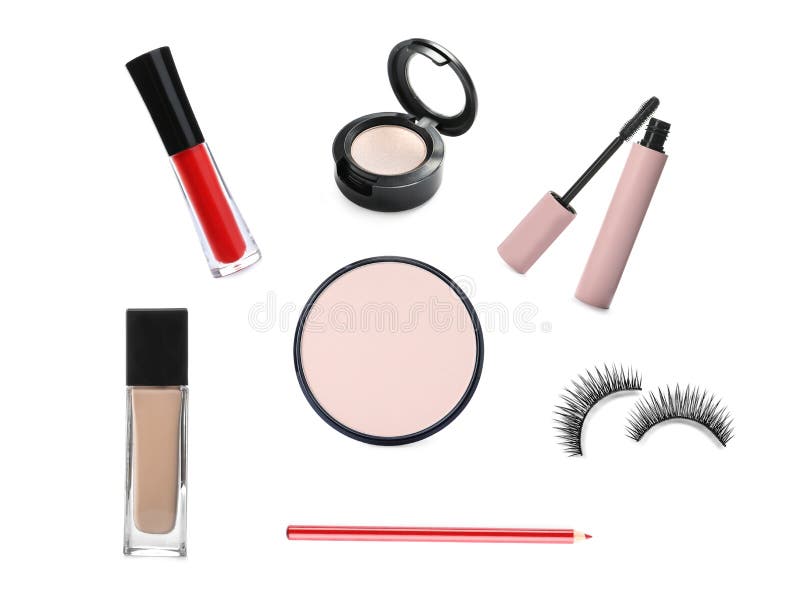 Set of Different Decorative Cosmetics on White Background Stock Photo