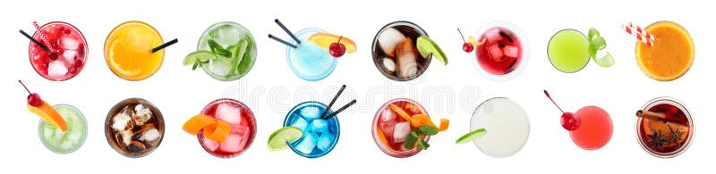 Set of different delicious cocktails on white, top view