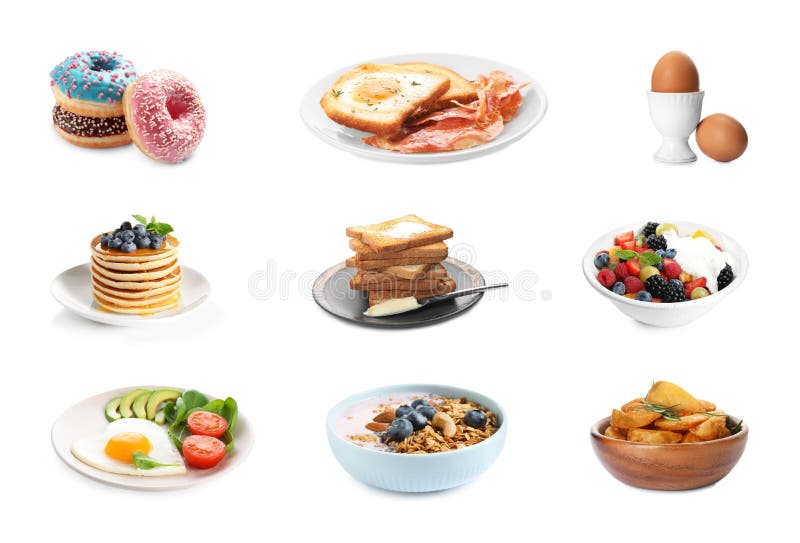 Set of Different Delicious Dishes for Breakfast on Background Stock