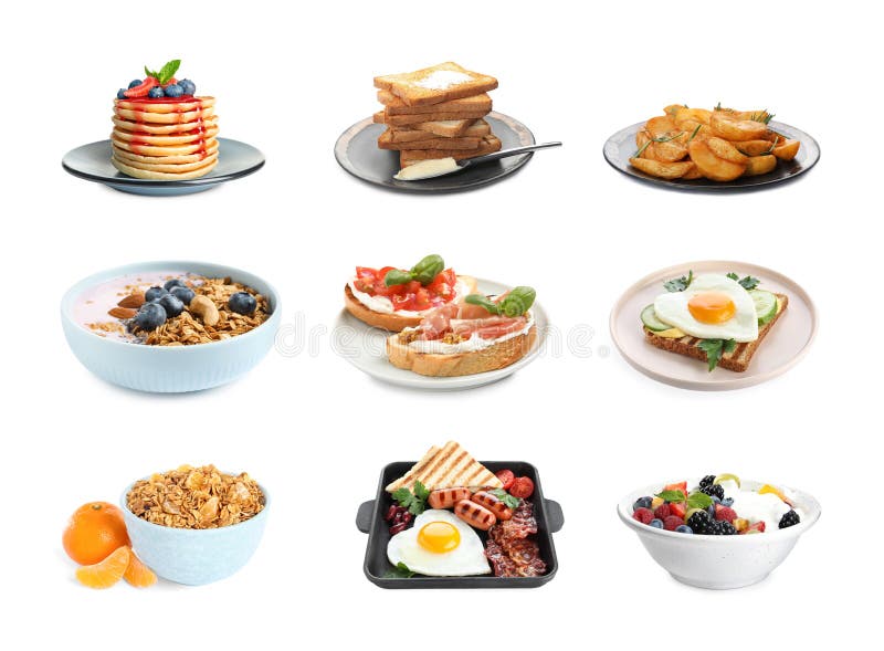 Set of Different Delicious Dishes for Breakfast on Background Stock