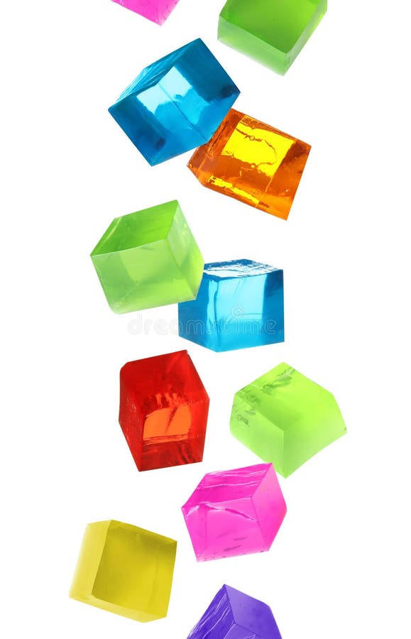Set of Different Delicious Jelly Cubes Falling on Background Stock