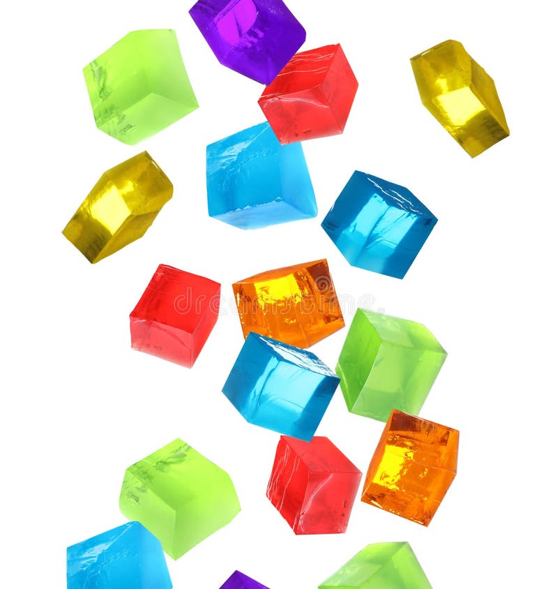 Set of different delicious jelly cubes falling on background