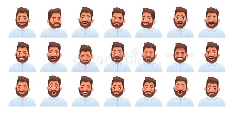 Set of different emotions of a bearded man. Fear, surprise, happiness, anger, envy. Facial expression. Vector illustration in cartoon style