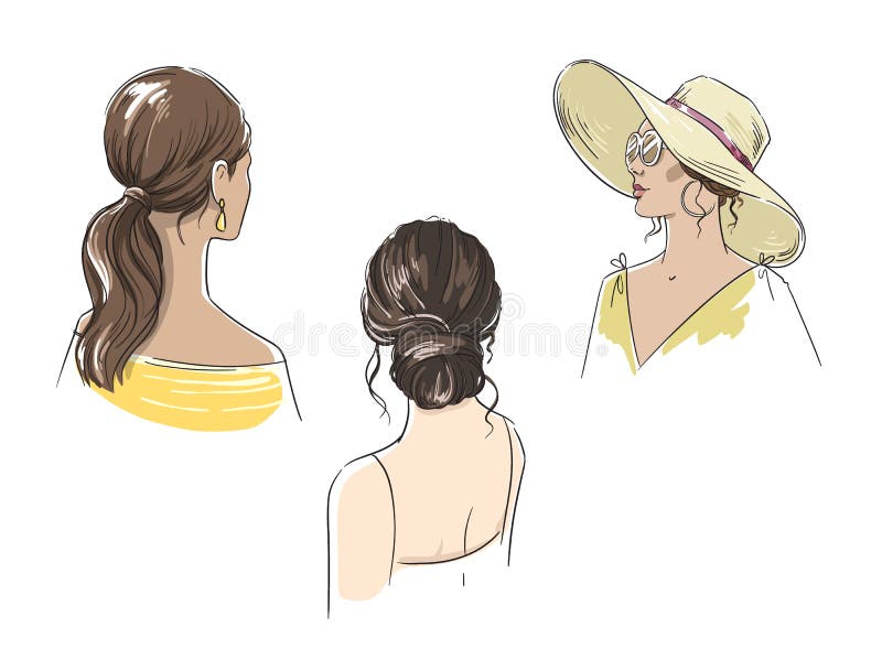 Set of different female summer hairstyles with long hair  vector illustration