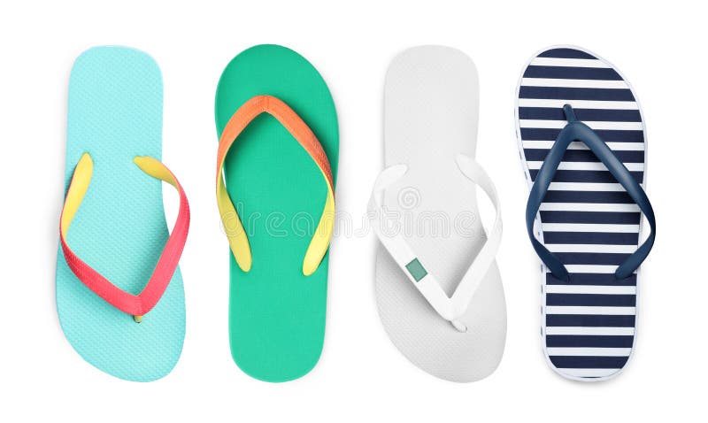 Set with Different Flip Flops on White Background, Top View Stock Photo