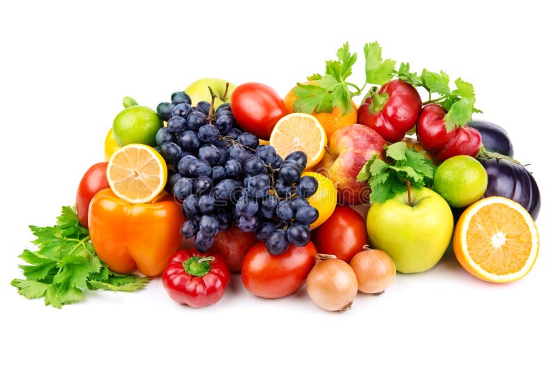 Soubor různých druhů ovoce a zeleniny na bílém pozadí.