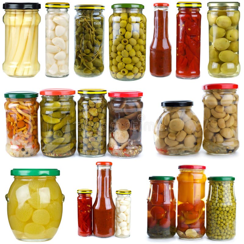 Set of different fruits & vegetablesin glass jars