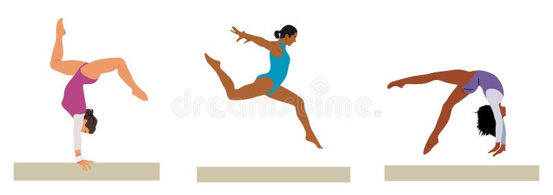 Set of Different Girl Gymnasts on Balance Beam. Stock Illustration ...