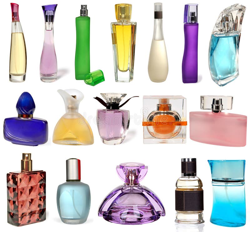 Set different glass bottles of perfume isolated on