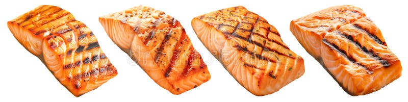 Set of different grilled salmon fillet isolated on a white or transparent background. Grilled seafood. Close-up of salmon or trout fillet with grill marks. BBQ season, design element. Side view. Isolated white transparent background ai stock images, royalty-free photos and pictures