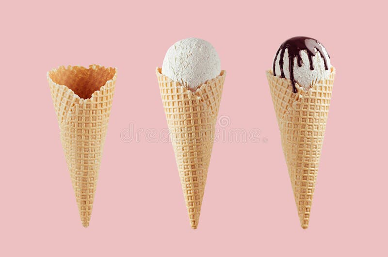 Set of different ice cream cones in waffle cone - empty, white ice cream, with chocolate sauce on pink background.