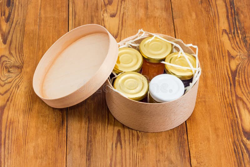 Set of Various Jam in Small Jars in Wooden Box Stock Photo Image of
