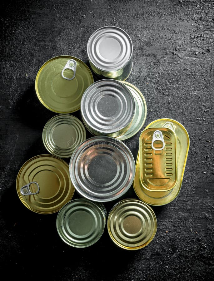 Set of Different Kinds of Tin Cans with Canned Food Stock Photo Image