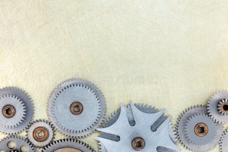 Set of Different Gears and Details of Machines on Brushed Industrial