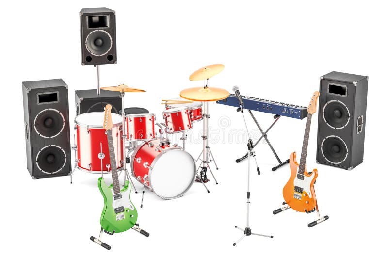Set of Different Musical Instruments and Equipment, 3D Rendering Stock