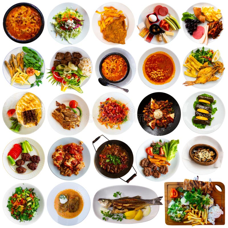 Set of Different National Dishes of Turkish Cuisine on White Background