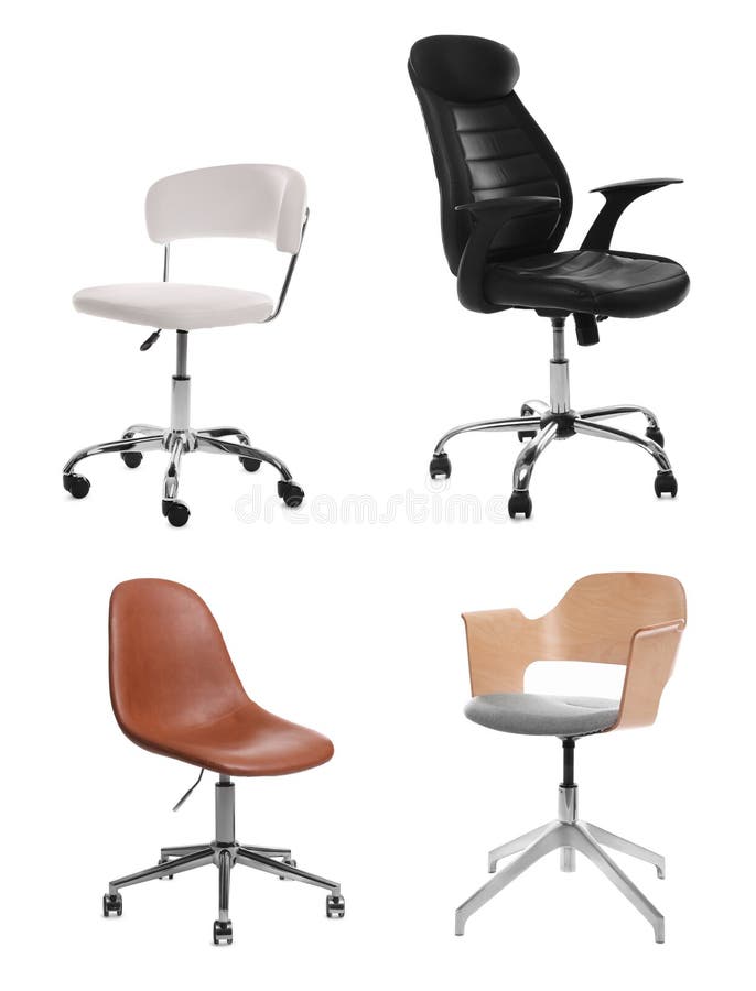 Different Office Stationary and Tools on White Desk Background Stock