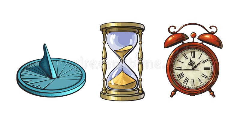 Set of different old clocks. Sundial, Hourglass, Alarm clock. Hand drawn vector illustration in vintage style.