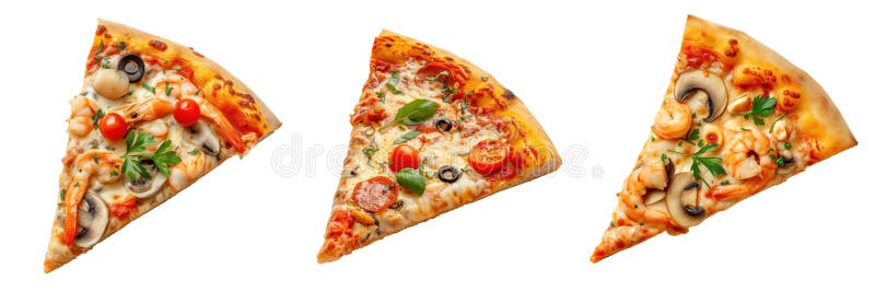 Set of different pizza slices isolated on a white or transparent background. Pizza slices with various ingredients, top view. Design element, food photography. High quality photo. Isolated white transparent background ai stock images, royalty-free photos and pictures