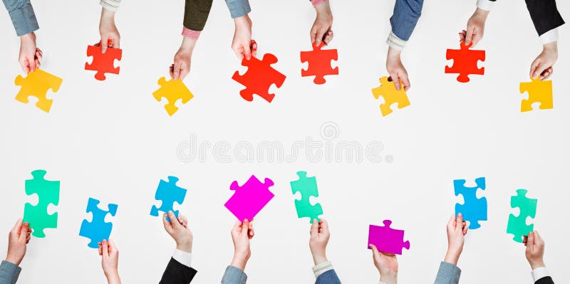 Set different puzzle pieces in people hands royalty free stock images Set different puzzle pieces in people hands royalty free stock images