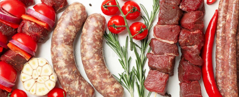 Set of Different Raw Barbecue Meat on White Background, Top View Stock