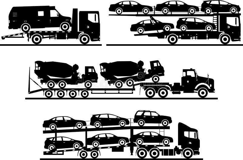 Set of different silhouettes auto transporters on white background. Vector illustration.