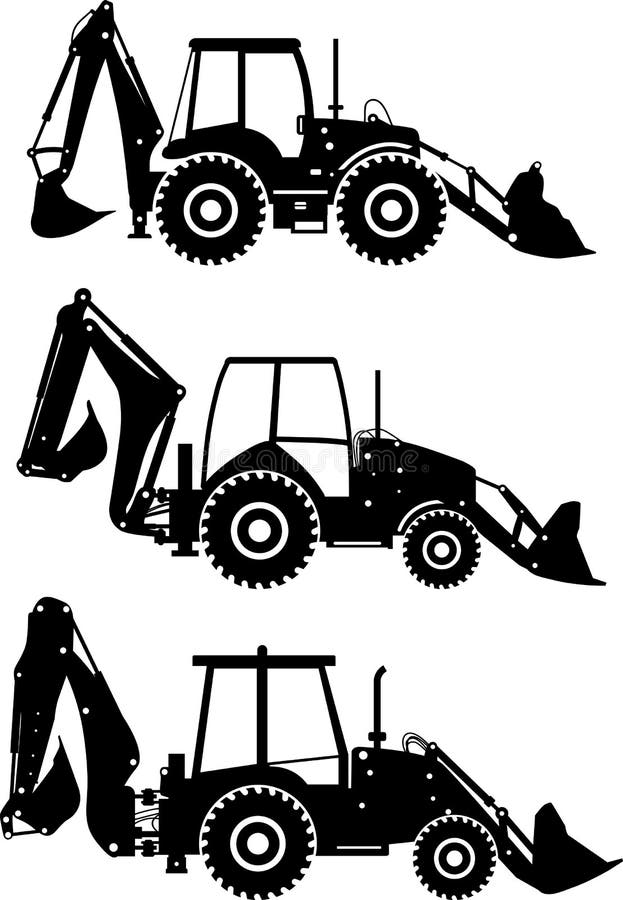 Set of different silhouettes backhoe loaders on white background. Heavy construction and mining machines