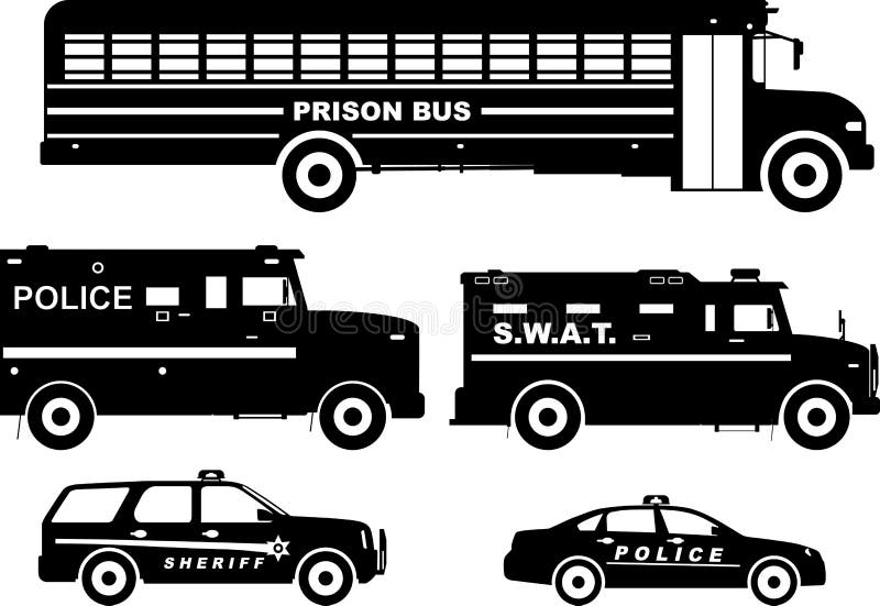 Set of different silhouettes prison bus and police