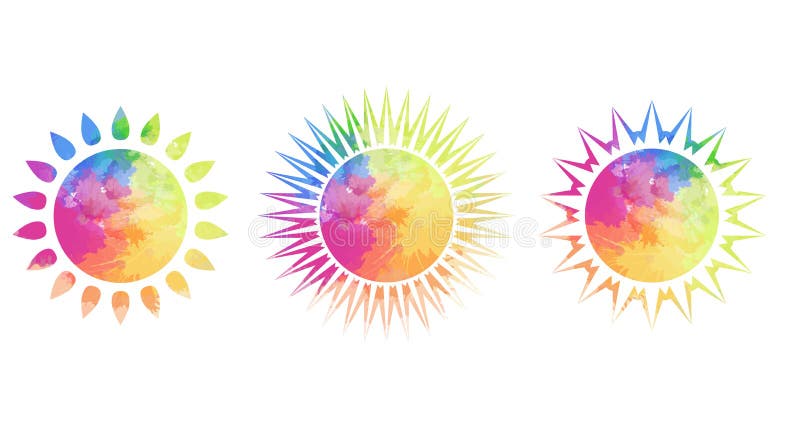 Set of different silhouettes of the suns with rainbow watercolor splashes on a white background. A month of pride. Shining love. To all. Vector object for icons