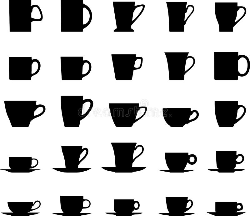 Set of different silhouettes tea cups isolated on