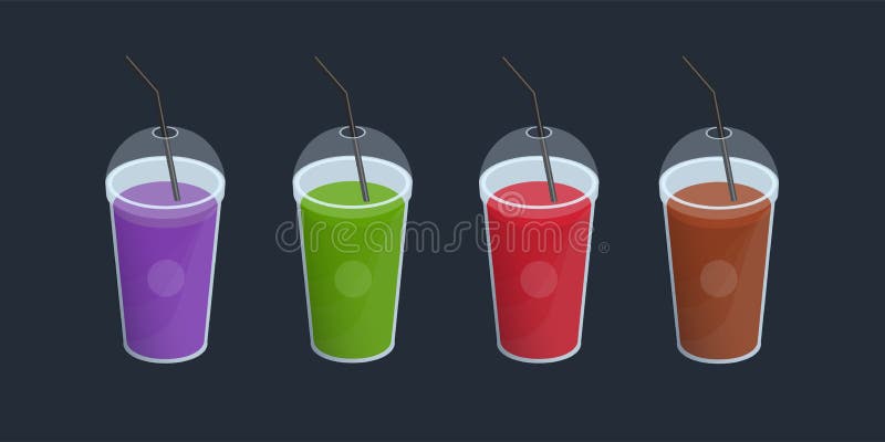 Plastic cup juice. Realistic color fruits smoothies in takeaway