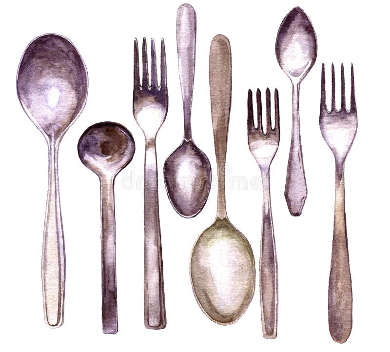 Set of different spoons and forks drawing by watercolor at white background, hand painting silverware, hand drawn artistic illustration