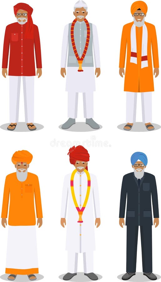 Detailné ilustrácie z odlišný stojace indický starý muži v tradičný indický oblečenie izolované na bielom pozadí v byt štýl.