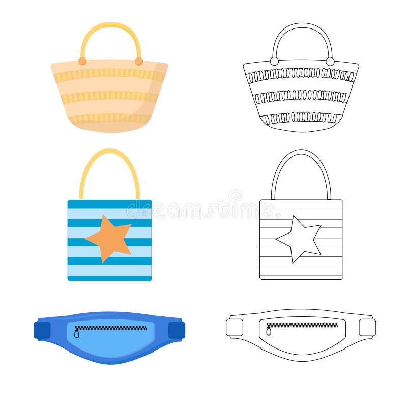 Set of different summer bags, shopping tote bag, straw bag, bum bag