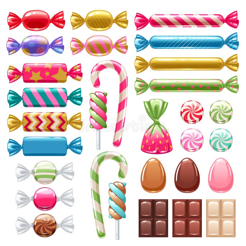 Set of sweets on white background - hard candy, chocolate egg and bar, candy cane, lollipop, peppermint. Vector illustration. Peppermint stripes vectors