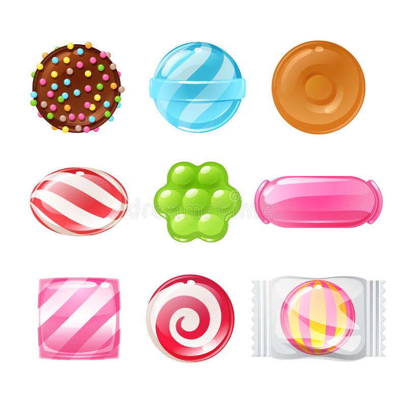 Set of sweets on white background hard candy, dragee, lollipop, toffee, jelly, peppermint candy, chocolate vector illustration. Peppermint stripes vectors