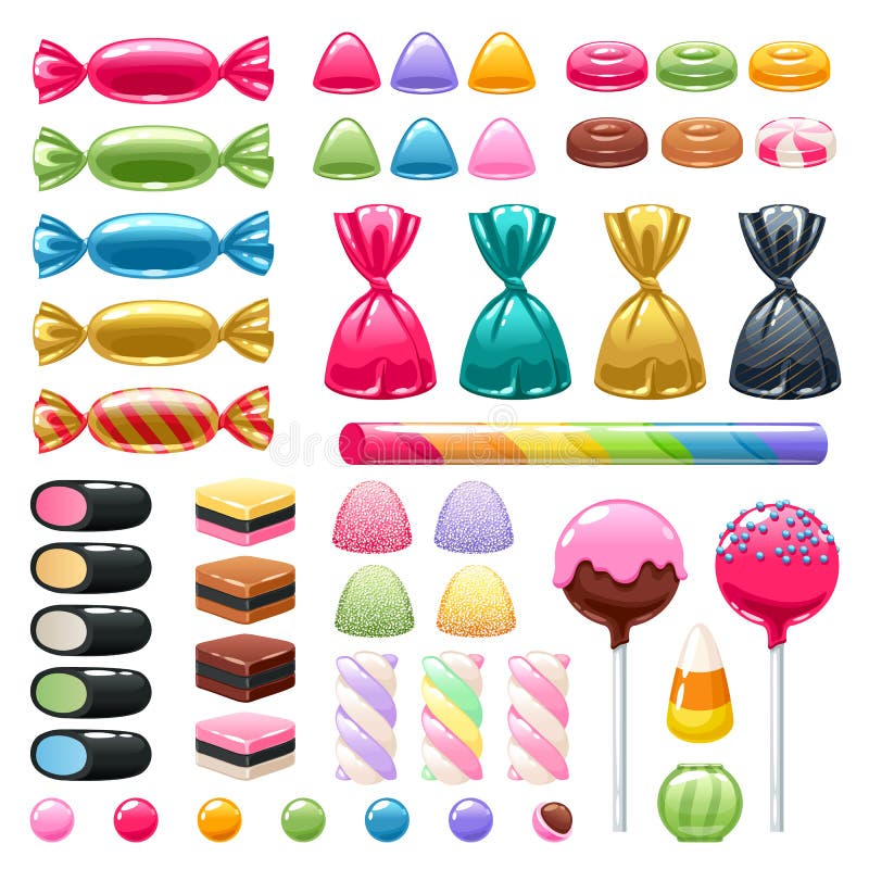 Set of sweets on white background - marshmallow, licorice, hard candy, dragee, cake pop, toffee, jelly, peppermint candy, chocolate vector illustration. Peppermint stripes vectors