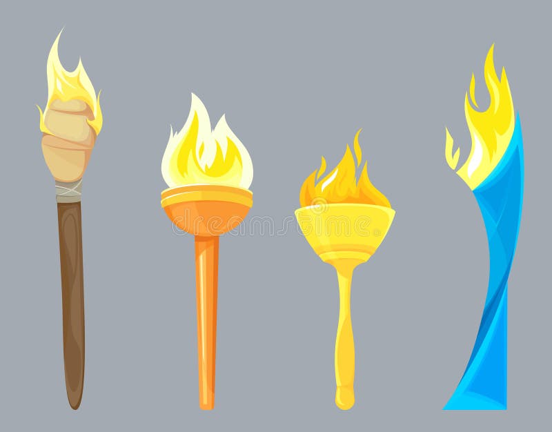 Different Torches with Brightly Burning Fire Vector Set Stock Vector