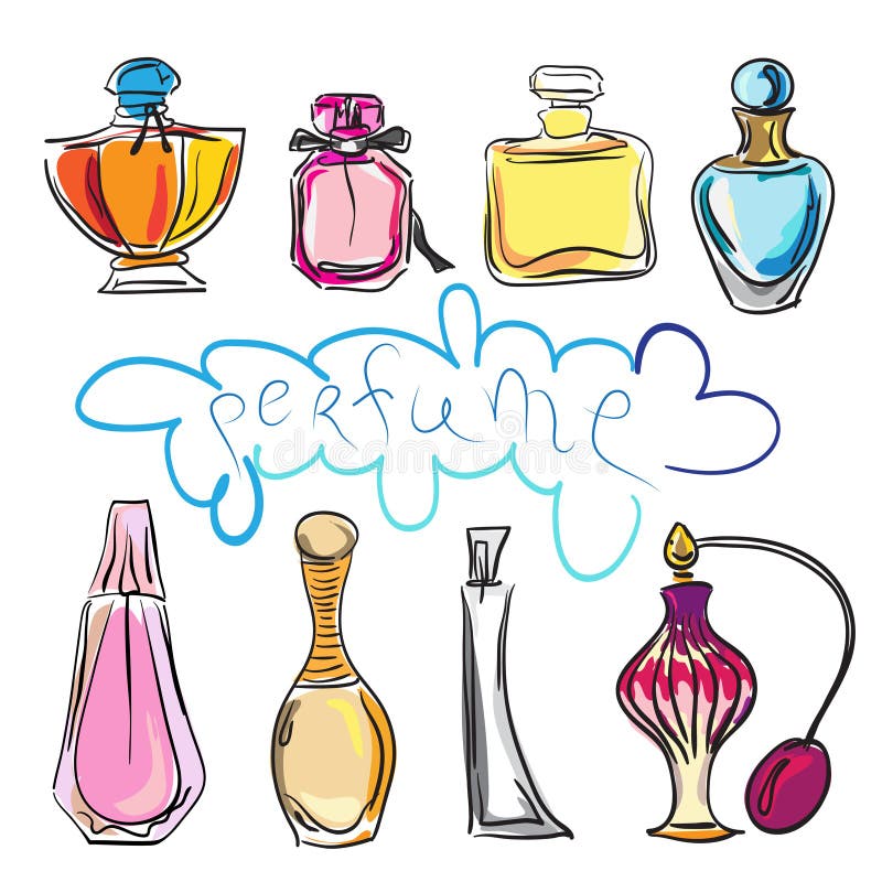 Set of different type of perfume bottles stock illustration