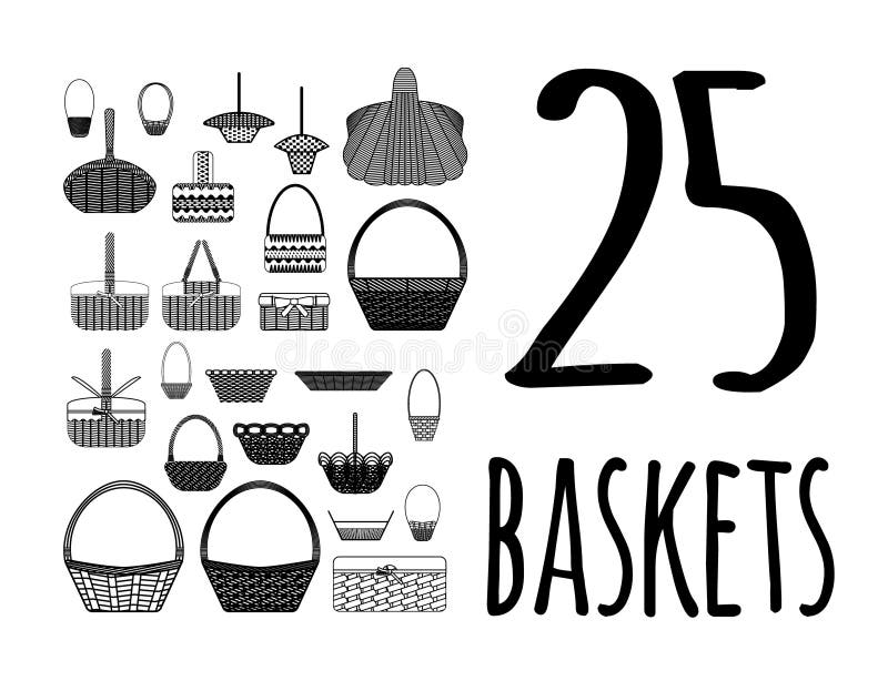 Set of Different Types of Baskets. Black Line on White Background Stock