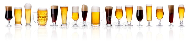 Set of different types of beer with foam in glasses isolated on