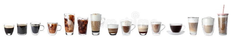 Set with different types of coffee drinks on white background