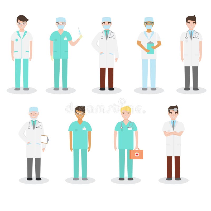 Set of Different Types of Doctors in Medical Attire Engaged in Their