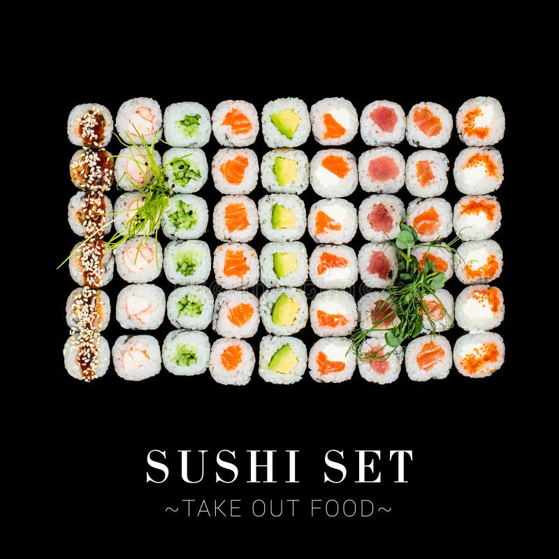 Set of different types of Maki sushi rolls. A lot of sushi isolated on black background with text and copy space. Ready square restaurant menu banner. Assortment of futomaki rolls with micro greens