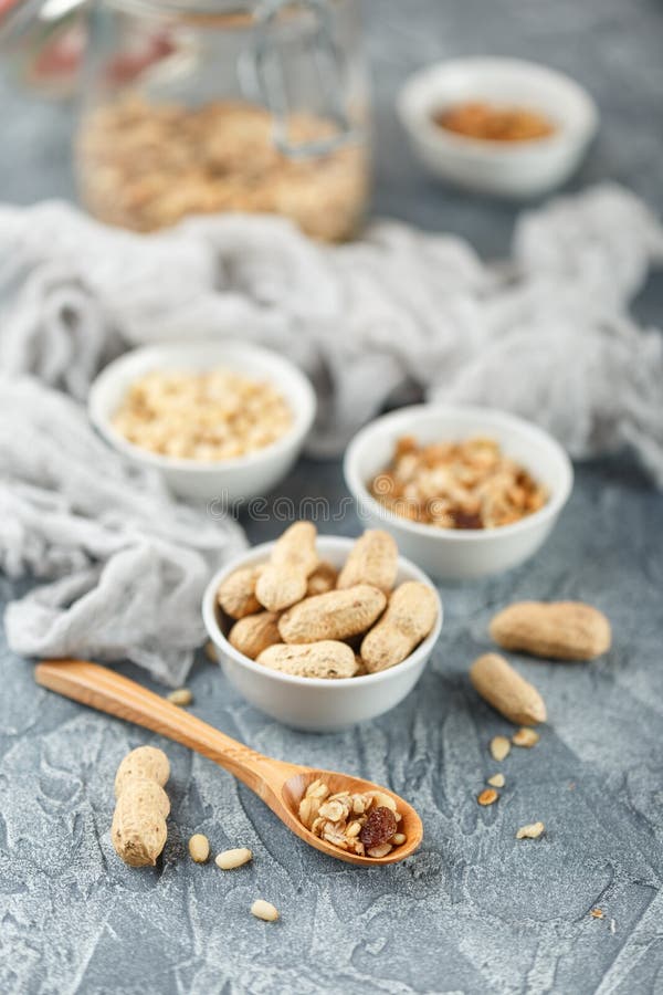 Different nuts on gray background stock photography