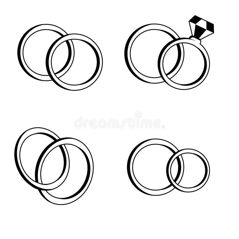 A Set of Different Vector Cute Engagement Rings in Black and White. Isolated Ring on White