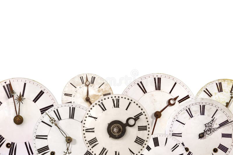 Set of different vintage clocks isolated on white