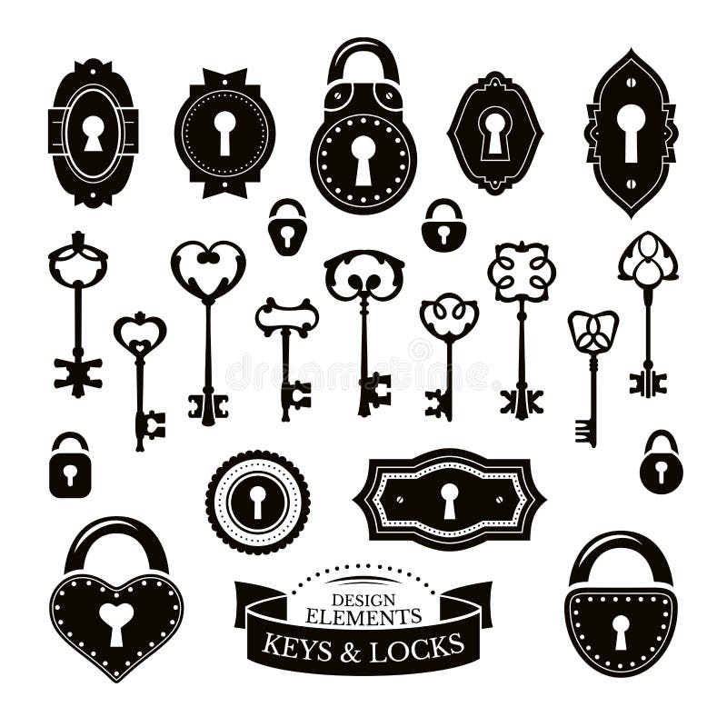 Set of different vintage keys and keyholes and locks