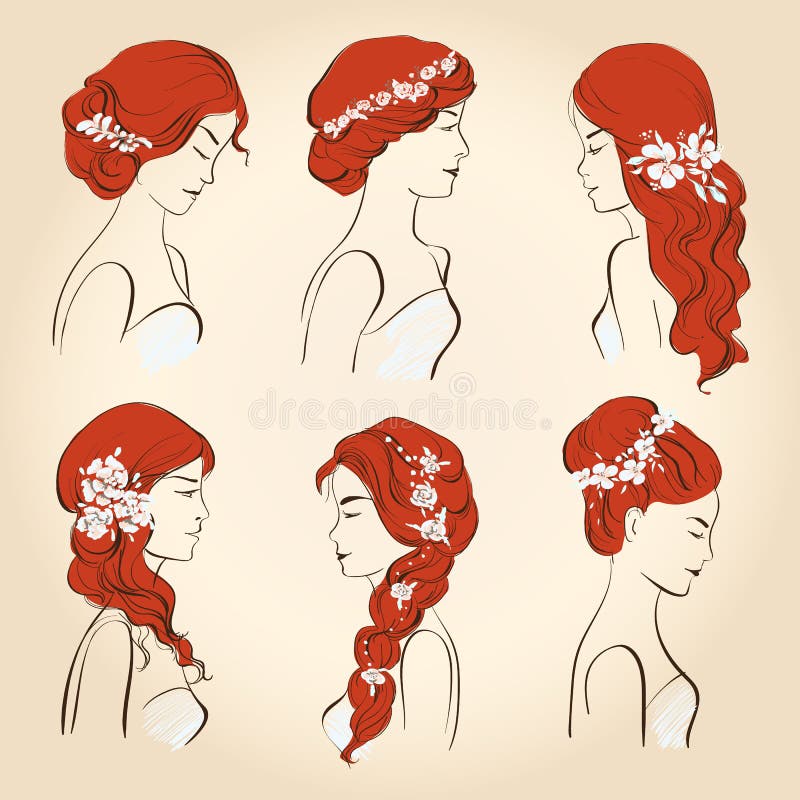 Set of Different Wedding Hairstyles with Flowers for Red Hair Stock Vector - Illustration of elegance, bride: 58032845 Set of Different Wedding Hairstyles with Flowers for Red Hair Stock Vector - Illustration of elegance, bride: 58032845
